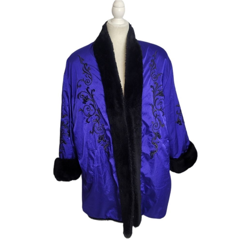 VINTAGE 80s jacket open front faux fur lined embroidered XL
